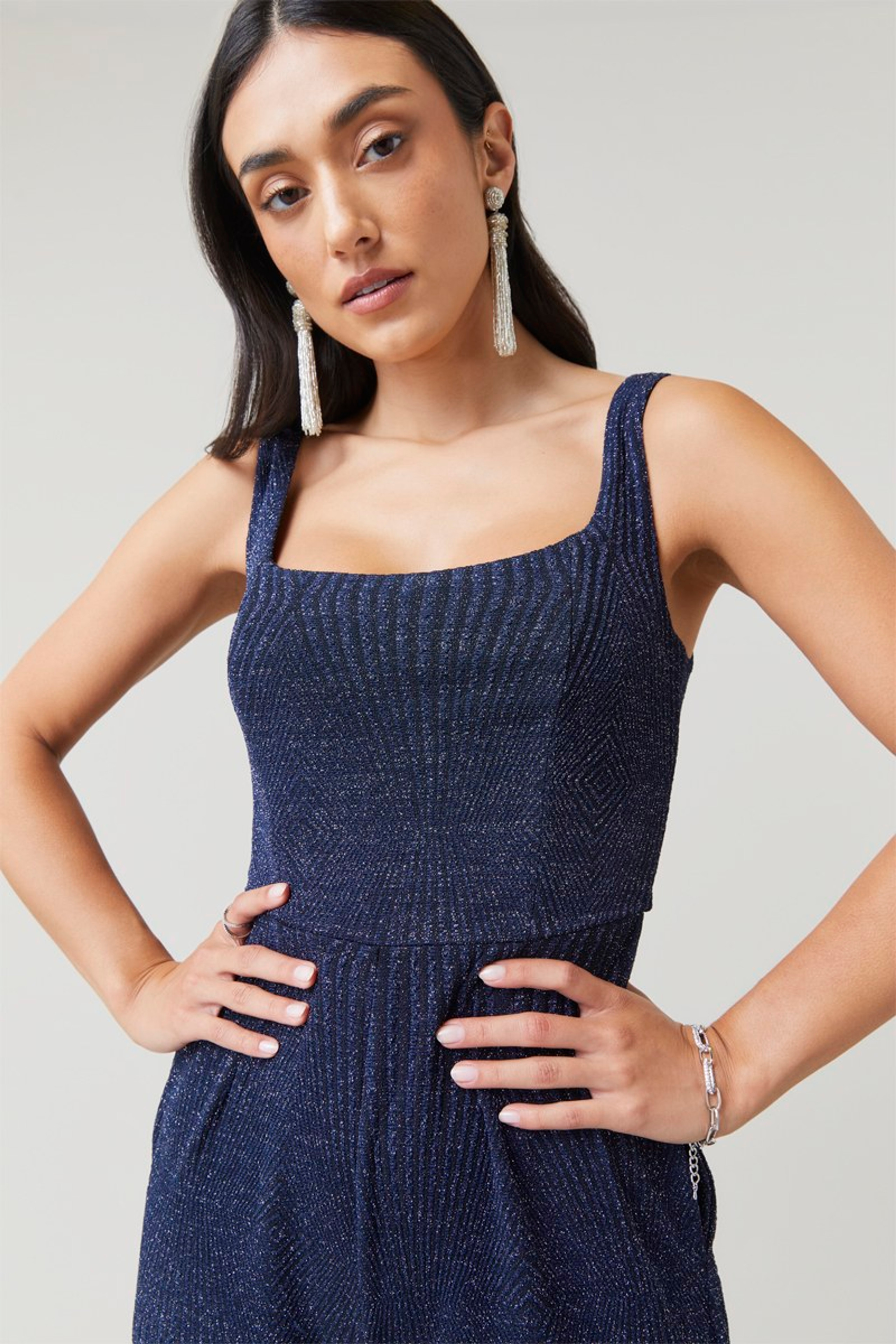 Elena Square Neck Glitter Knit Jumpsuit | Francesca's