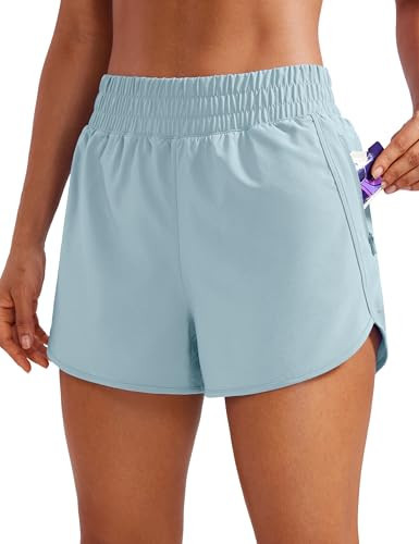 CRZ YOGA Womens High Waisted Running Shorts Mesh Liner 3'' Dolphin Quick Dry for Athletic Gym Track Workout with Zip Pocket Light Grayish Blue X-Large | Amazon (US)