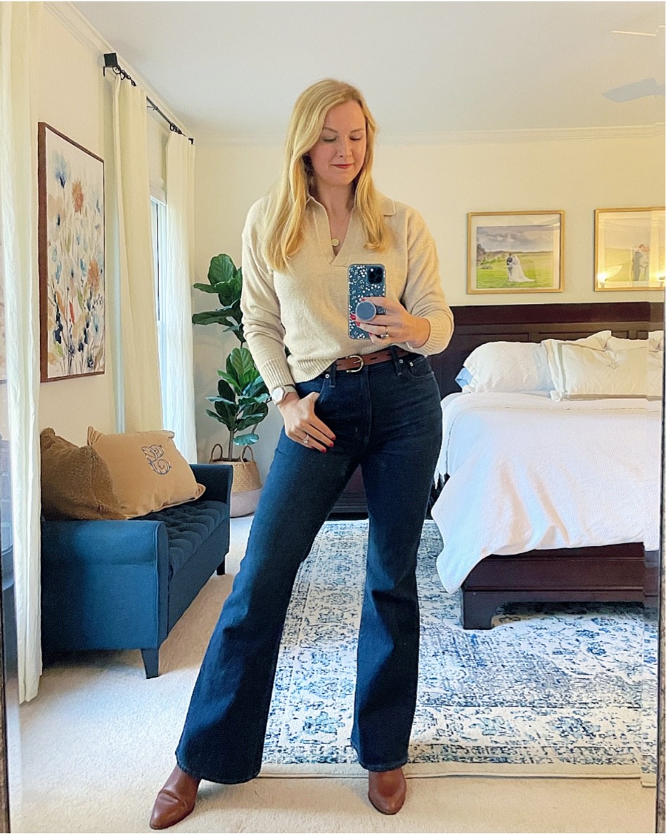 Polo style collared v-neck sweater. Super soft & on sale rn! 

Styled it with my favorite dark flared jeans. These are high waisted and fit true to size.

Leather belt, and brown leather Chelsea boots. 

#LTKSeasonal #LTKsalealert #LTKunder100