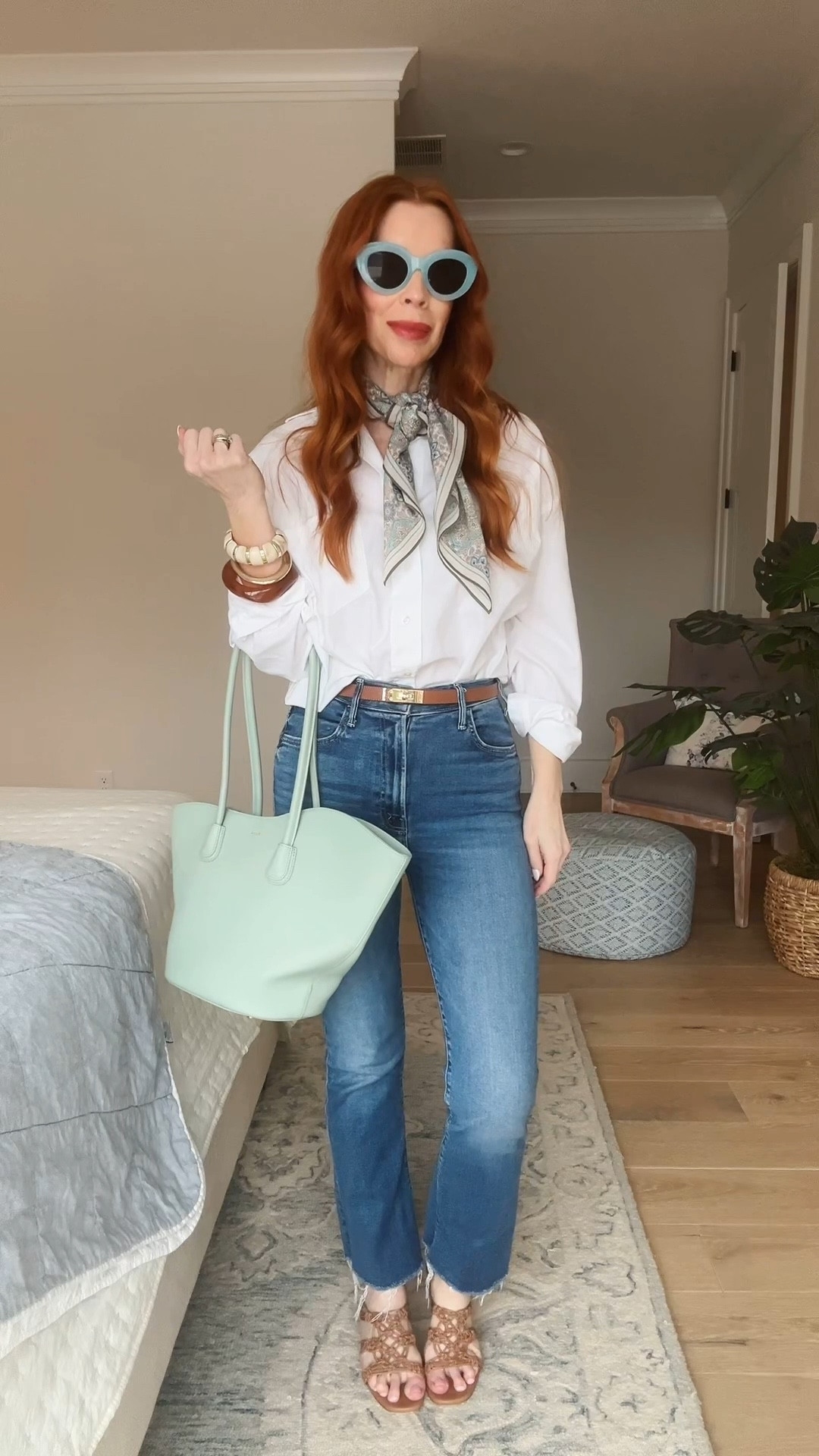 Outfit tip, white button up, scarf, over 40, mother jeans, Inez shoes 
Use code EMILYY15 for 15% off my INEZ heels 

#LTKOver40 #LTKootd #LTKSeasonal