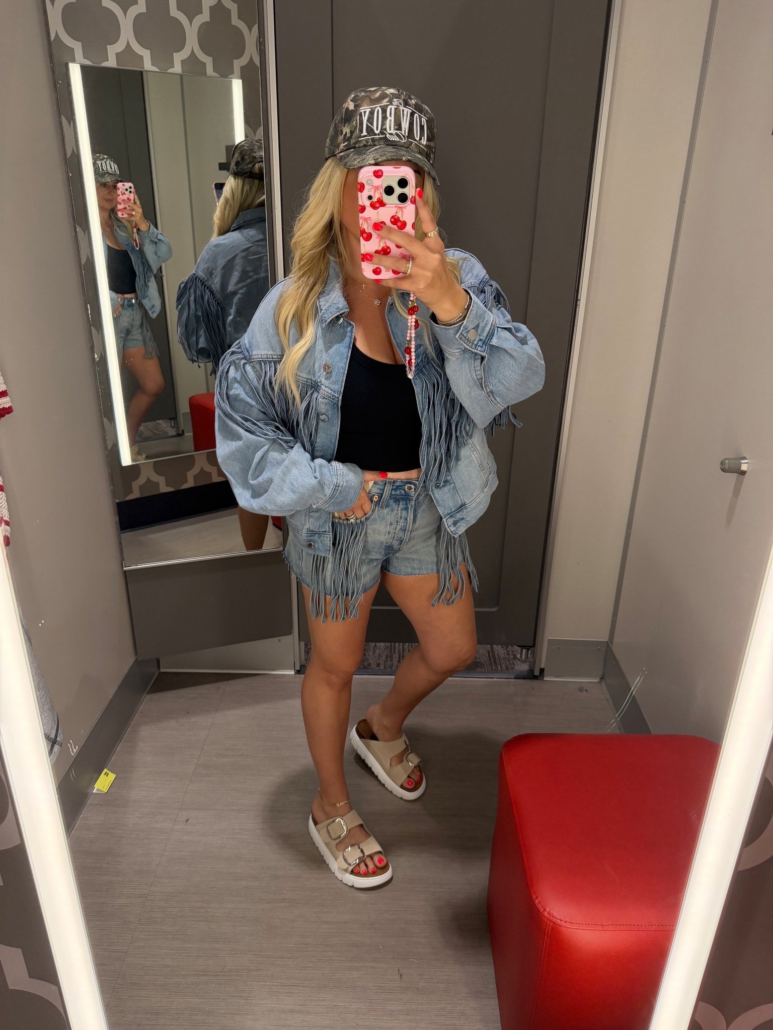 New denim fringe @Target 
Small jacket 
Denim Shorts tts
Sandals tts

#LTKFestival