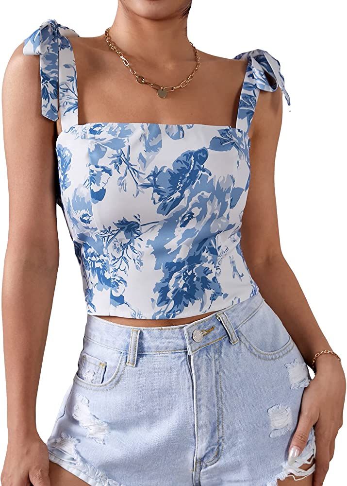 WDIRARA Women's Floral Print Tie Shoulder Square Neck Sleeveless Crop Top Blouse | Amazon (US)