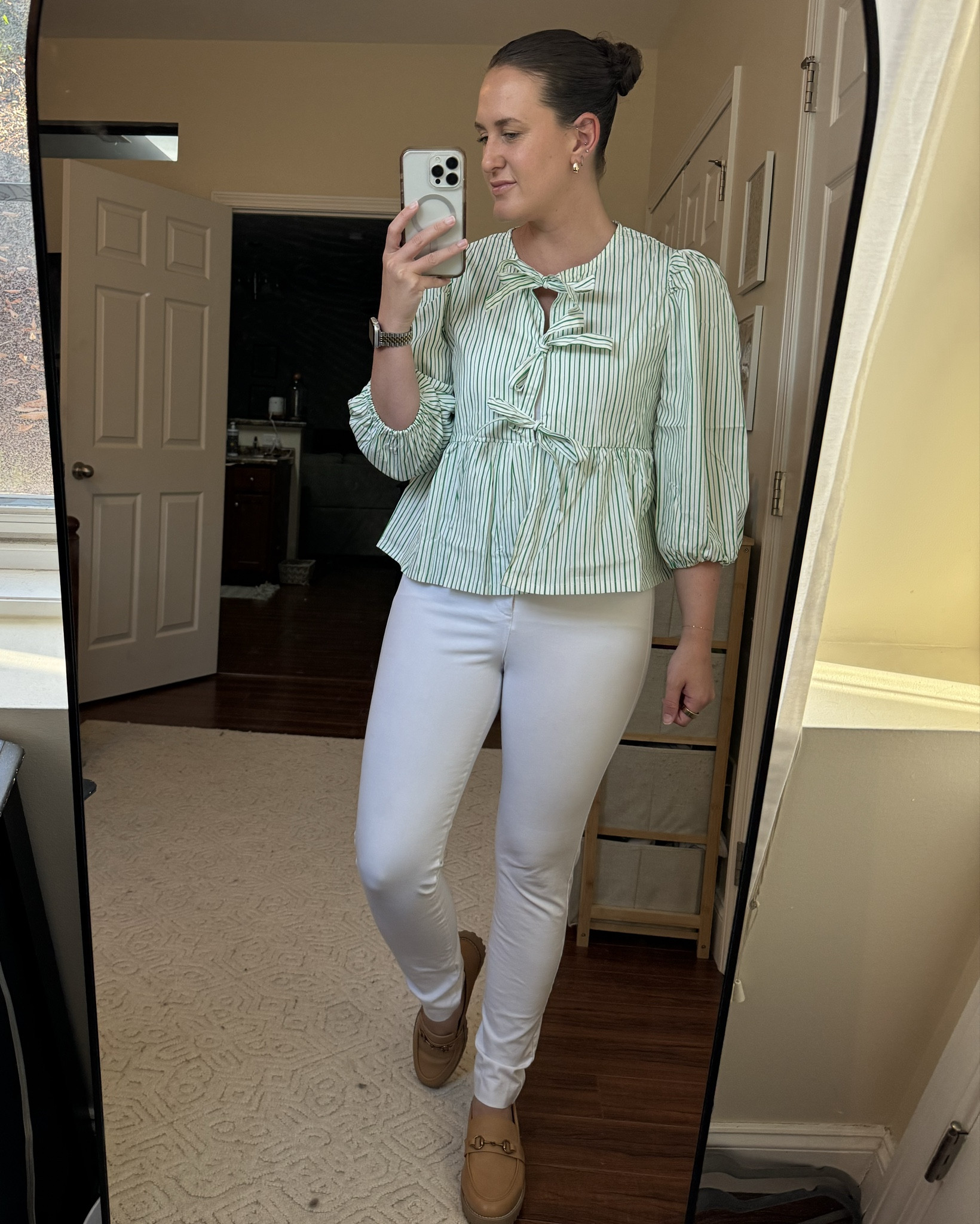 Tie front peplum shirt perfect for spring and summer. Wore it to work with loafers and white jeans. Top is size M from Amazon, $30 with 10% off coupon!! 

#green #white #tiefront #spring #summer #amazon #target #fashion #lookforless 

#LTKWorkwear #LTKStyleTip #LTKSaleAlert