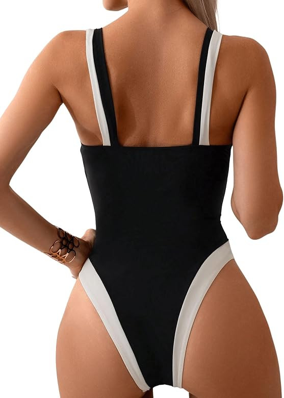 Floerns Women's One Piece Swimsuit Colorblock Sleeveless V Neck Beach Monokini Swimwear | Amazon (US)