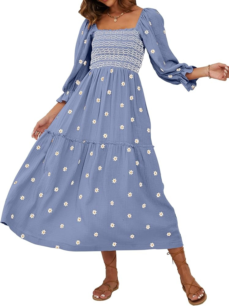 Bairmild Women's Flower Embroidered Maxi Dress Flowy Lantern Puff Sleeve Square Neck Casual Sprin... | Amazon (US)