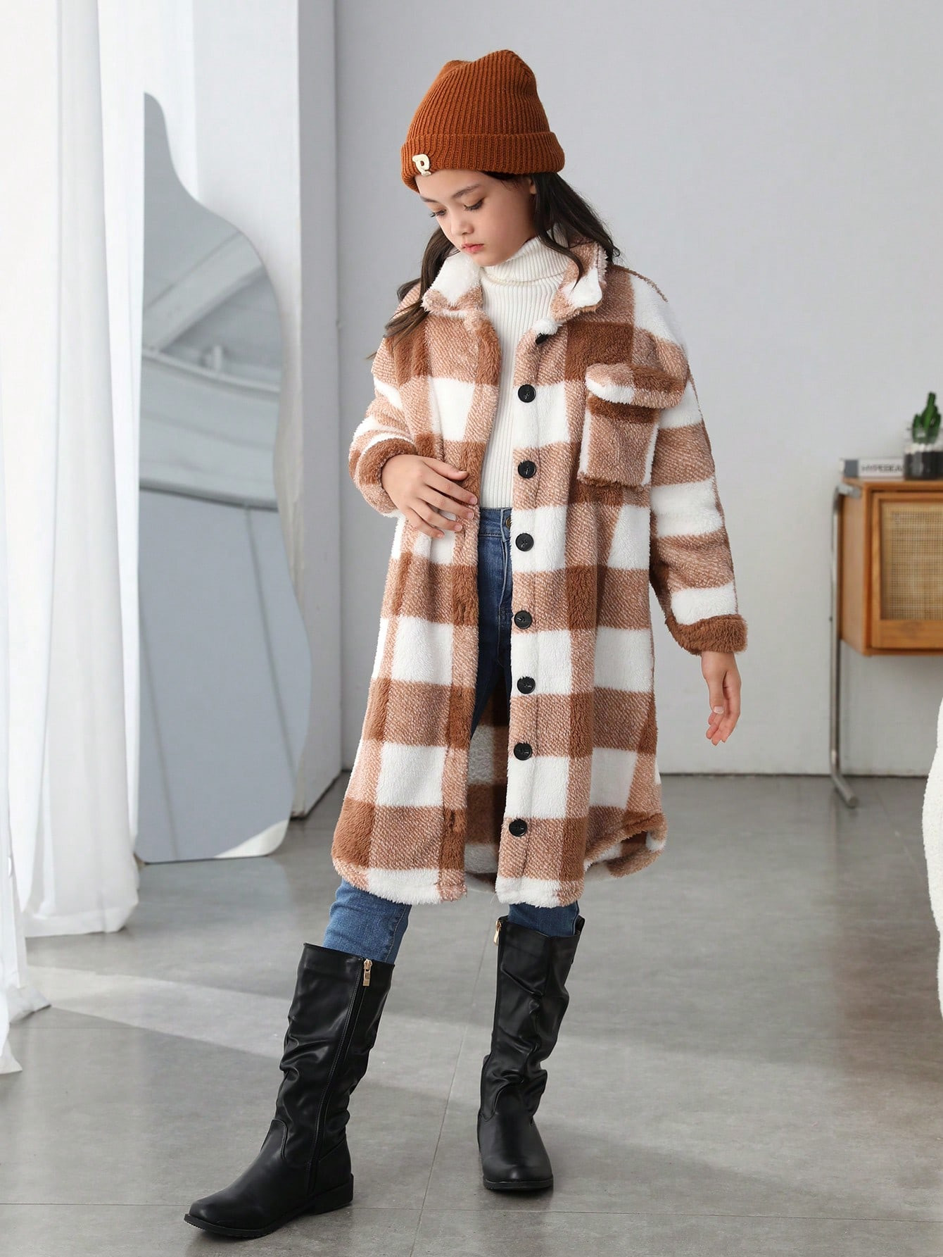 SHEIN Tween Girl Buffalo Plaid Print Drop Shoulder Flap Pocket Teddy Coat | SHEIN