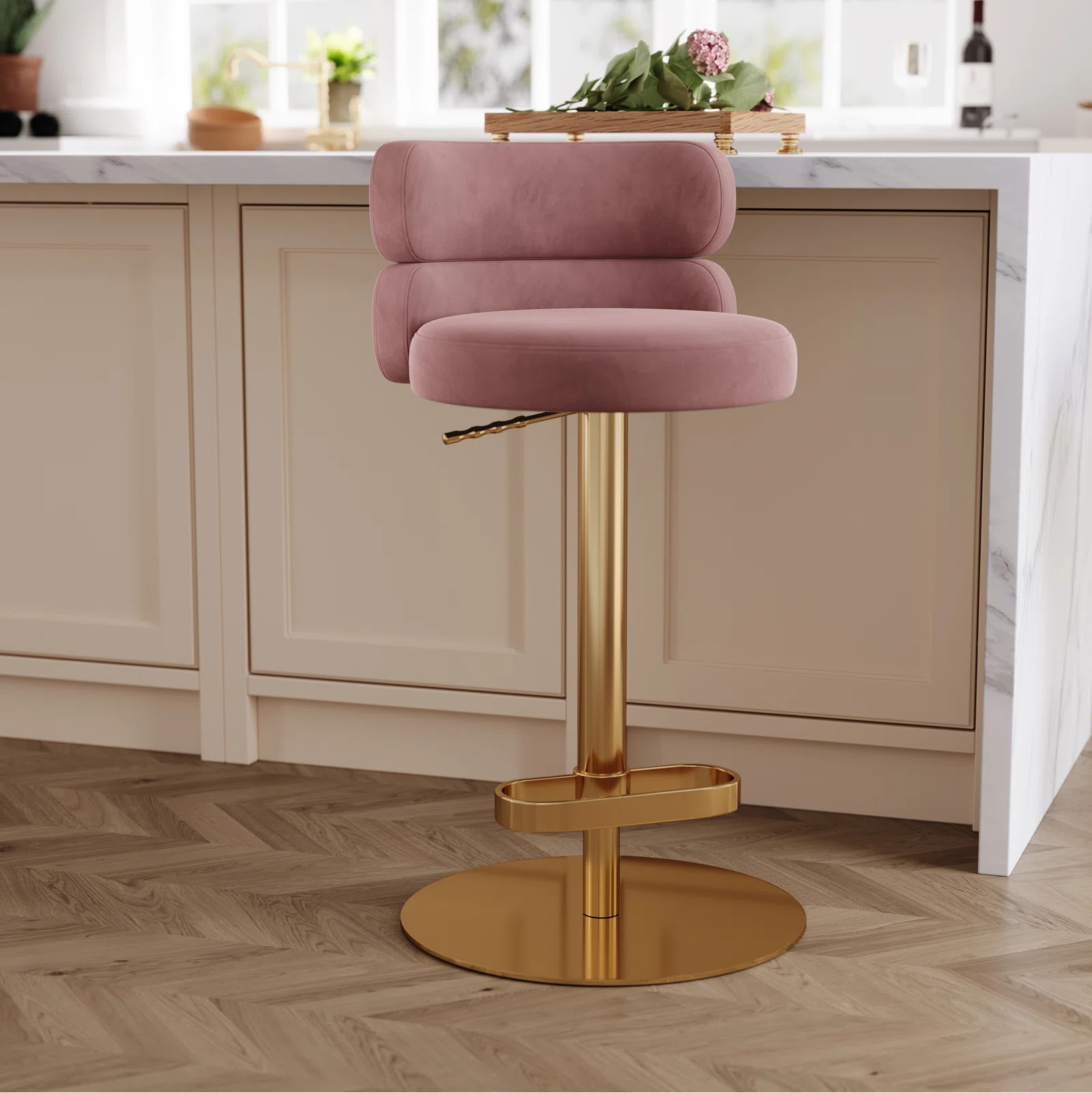 Giacamo Adjustable Height Swivel Velvet Barstool in Stainless Steel - Modern Design (Set of 1) | Wayfair North America