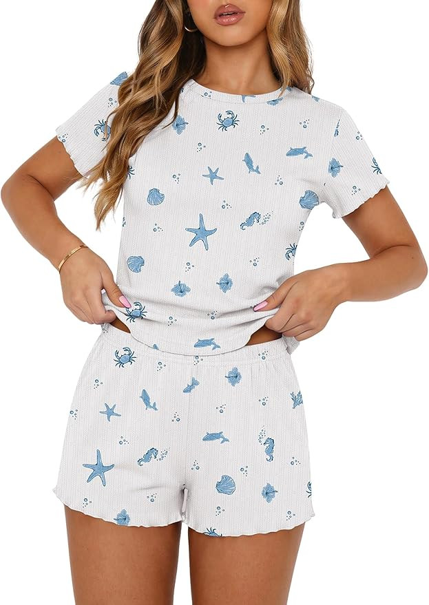 Ekouaer Cute Pajama Sets for Women 2 Piece Short Sleeve Ribbed Pjs Crop Top and Shorts Sleepwear ... | Amazon (US)