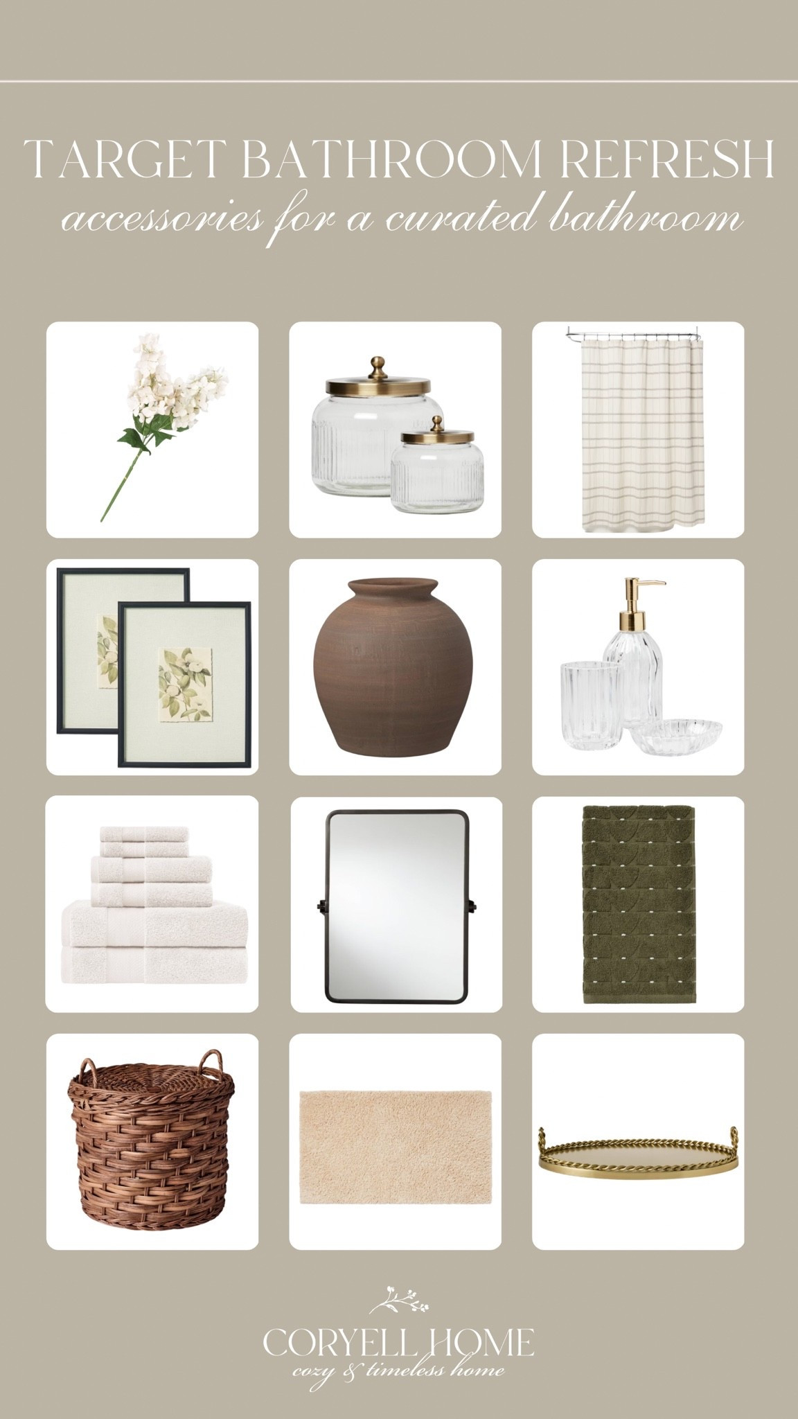 Pretty bathroom accessories from Target 🤍🛁 Absolutley love these airy, transitional bathroom decor finds from Target. The brown vase and white floral stems, glass and gold canisters, and the pretty striped shower curtain are all favorites. 😍