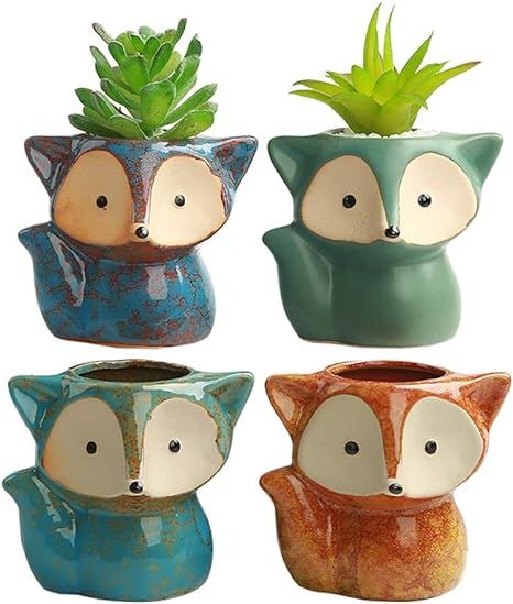 winemana Set of 4 Ceramic Succulent Pots, Fox Shaped Flowerpot, Colorful Bonsai Planter Container | Amazon (US)