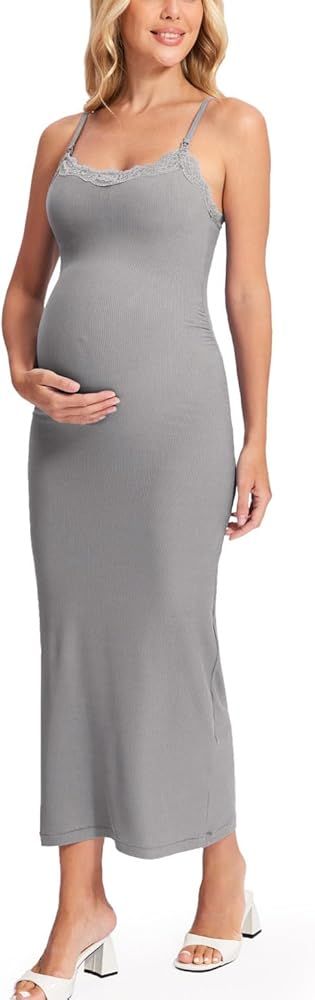 MOMANDA Maternity Nursing Dress Ribbed Casual Bodycon Dresses with Built in Bra Sleeveless Lace N... | Amazon (US)
