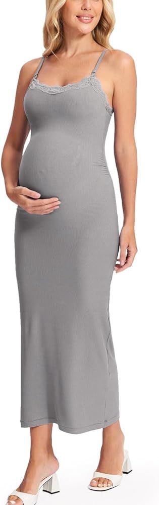 MOMANDA Maternity Nursing Dress Ribbed Casual Bodycon Dresses with Built in Bra Sleeveless Lace N... | Amazon (US)
