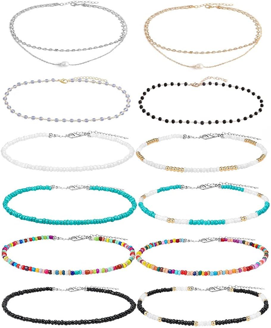 12 Pcs Beaded Choker Necklaces for Women Girls Handmade Y2K Choker Necklace Pack Boho Colorful Be... | Amazon (US)