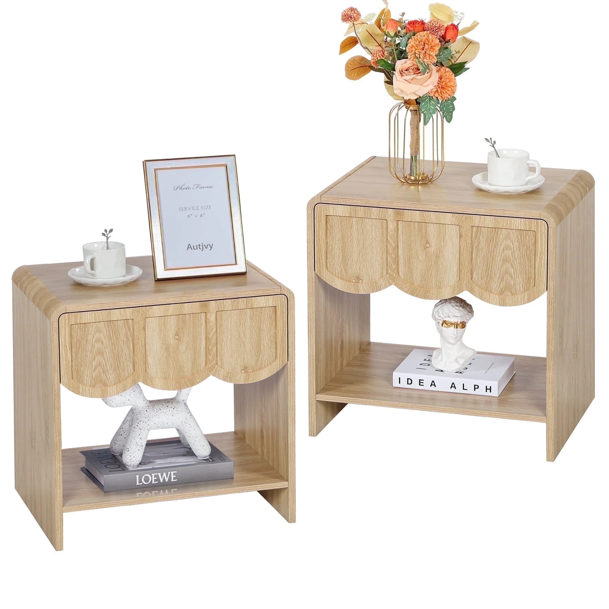 Wirrytor Farmhouse Natural Oak Fluted Nightstands Set of 2, Mid-Century Chic End Table with Drawe... | Walmart (US)