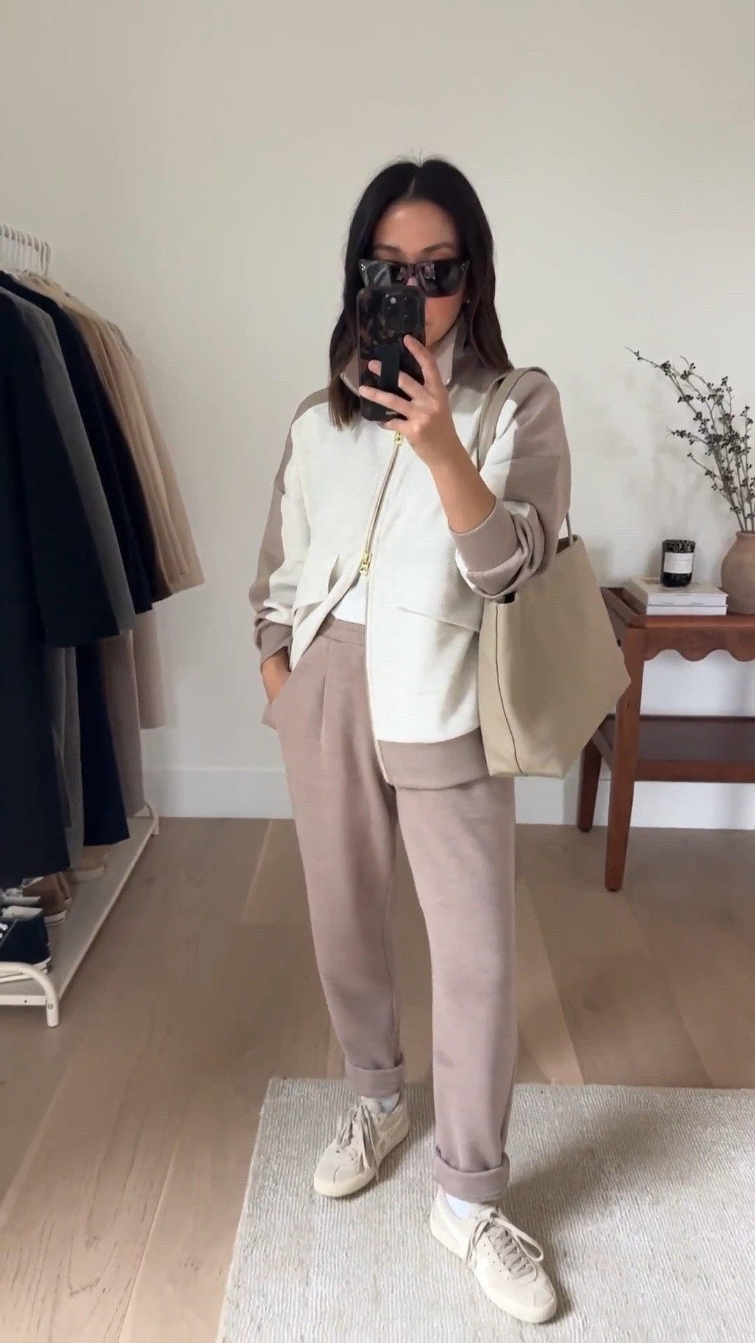 New Varley two toned jacket. Pairs perfectly with Ivory marl and taupe marl. 

Varley jacket xs
Varley rolled cuff pants xs 26” inseam
Cuyana easy tote small. Stone
Onitsuka Tiger sneaker s4 mens
Celine sunglasses 

Petite style, athleisure 



#LTKSeasonal #LTKActive #LTKPetite