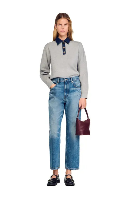 SANDRO Sweater with denim collar in Grey at Nordstrom, Size X-Small | Nordstrom