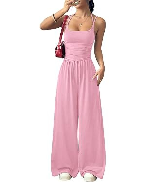 Floerns Women's Summer Jumpsuit Spaghetti Strap One Piece Outfit Wide Leg Baggy Pants Romper | Amazon (US)