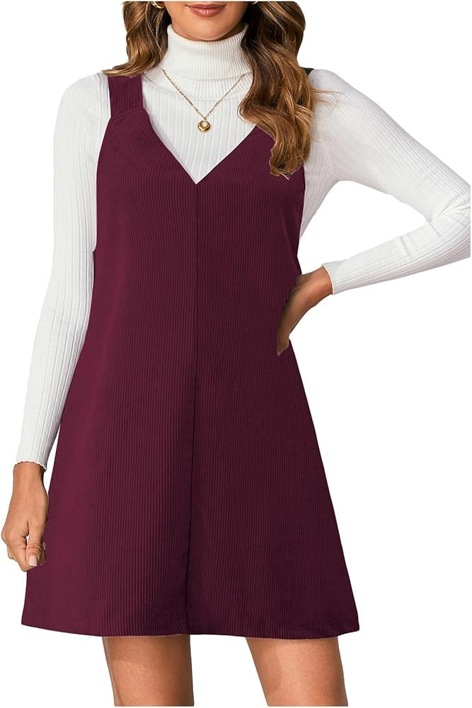 Milumia Women V Neck Corduroy Overall Dress 2025 Fall Mini Pinafore Jumper Dress | Amazon (US)