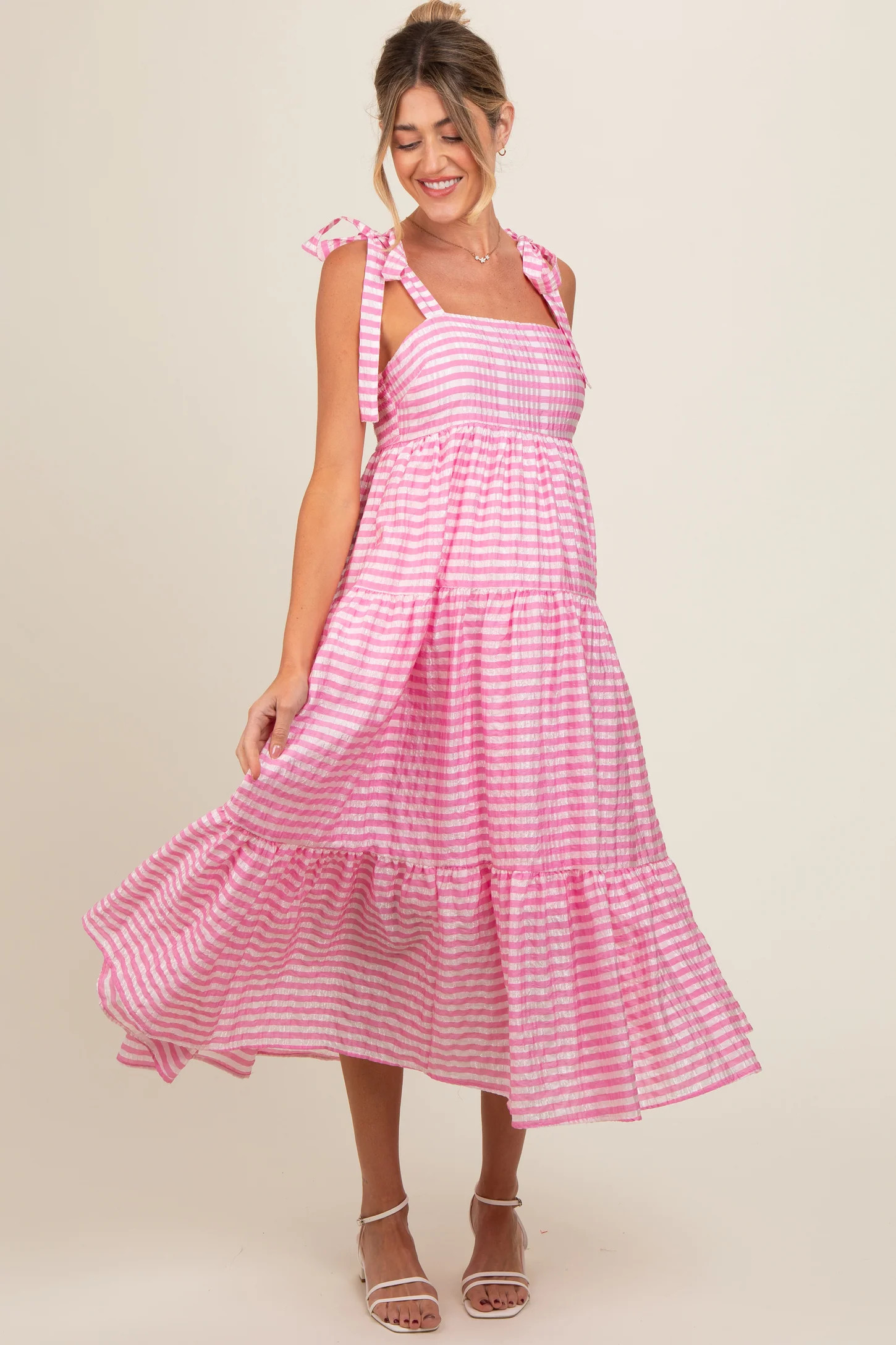 Pink Gingham Shoulder Tie Maternity Dress | PinkBlush Maternity