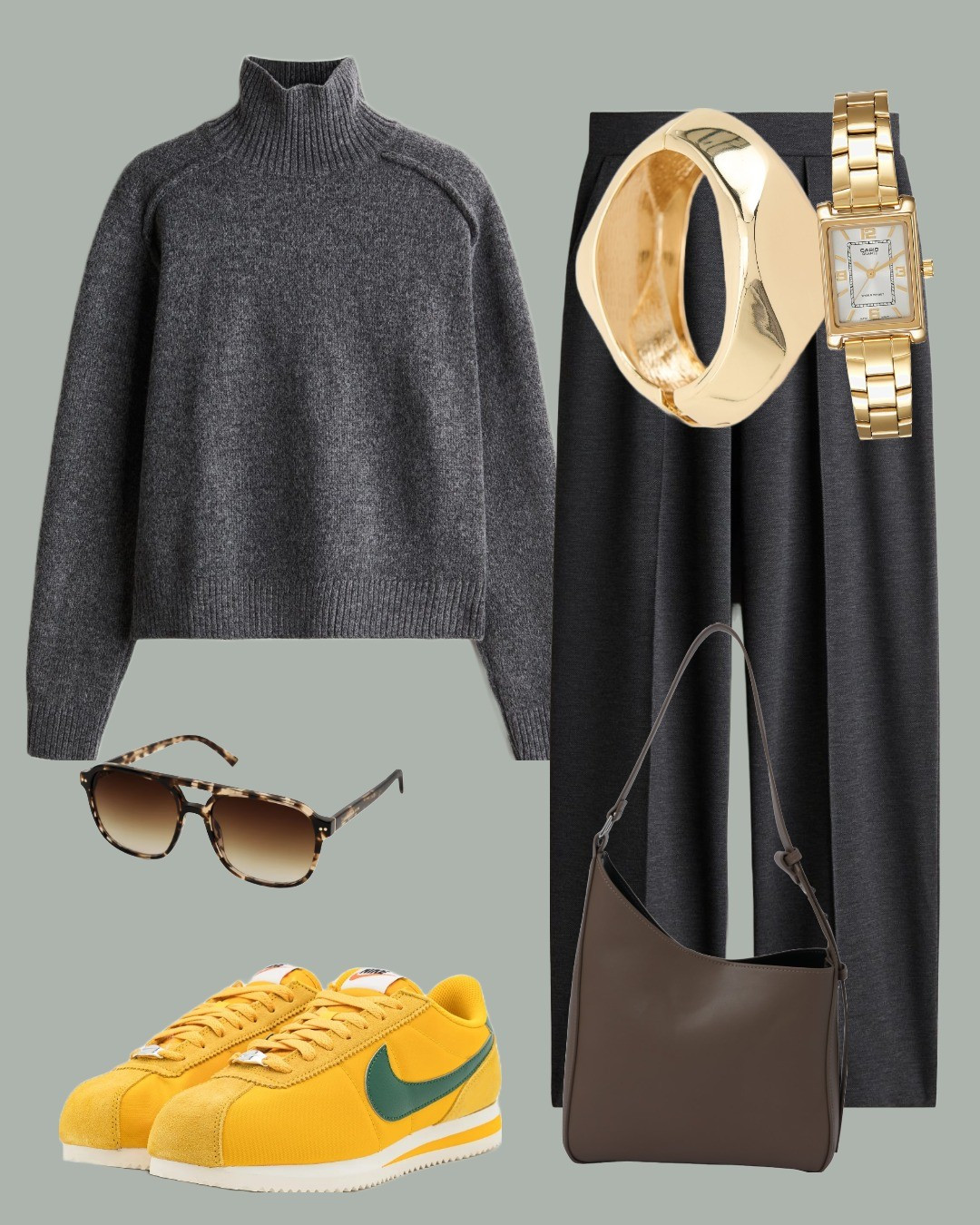 cozy, casual outfit featuring a charcoal-gray turtleneck sweater paired with matching wide-leg trousers. The accessories include gold jewelry, notably a chunky ring and a sleek, rectangular gold wristwatch. For footwear, bright yellow Nike Cortez sneakers with green accents provide a pop of color. A brown, structured shoulder bag adds a touch of minimalism, while tortoiseshell sunglasses complete the look with a hint of sophistication. The combination of dark neutrals with bold accents creates a stylish, balanced ensemble.

#LTKautumn #LTKeurope #LTKworkwear