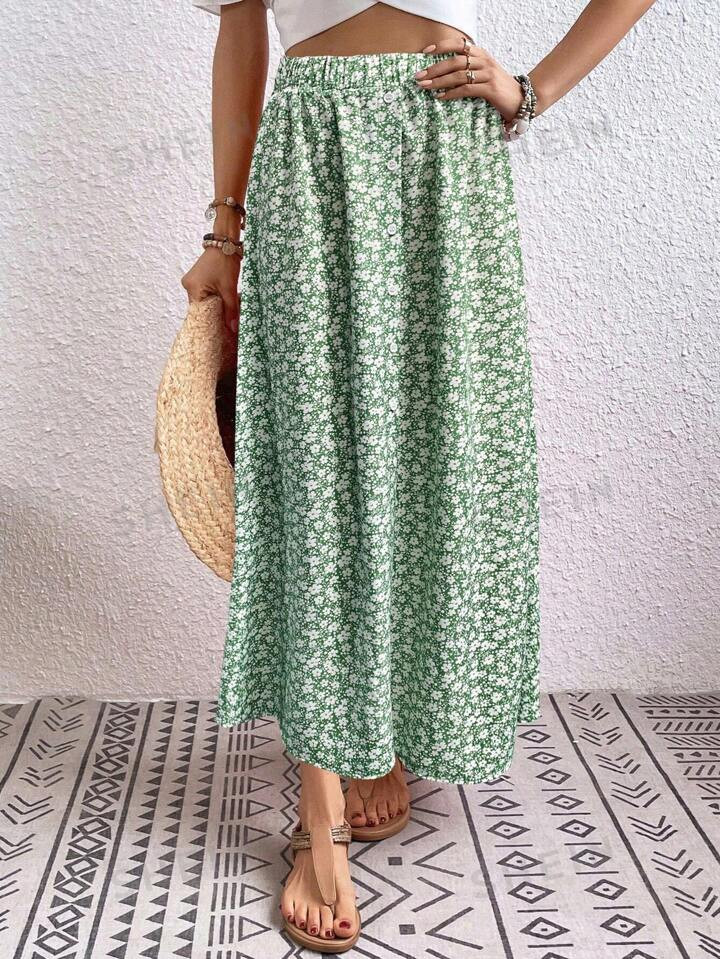 SHEIN VCAY Summer Holiday Casual Long Floral Skirt | SHEIN
