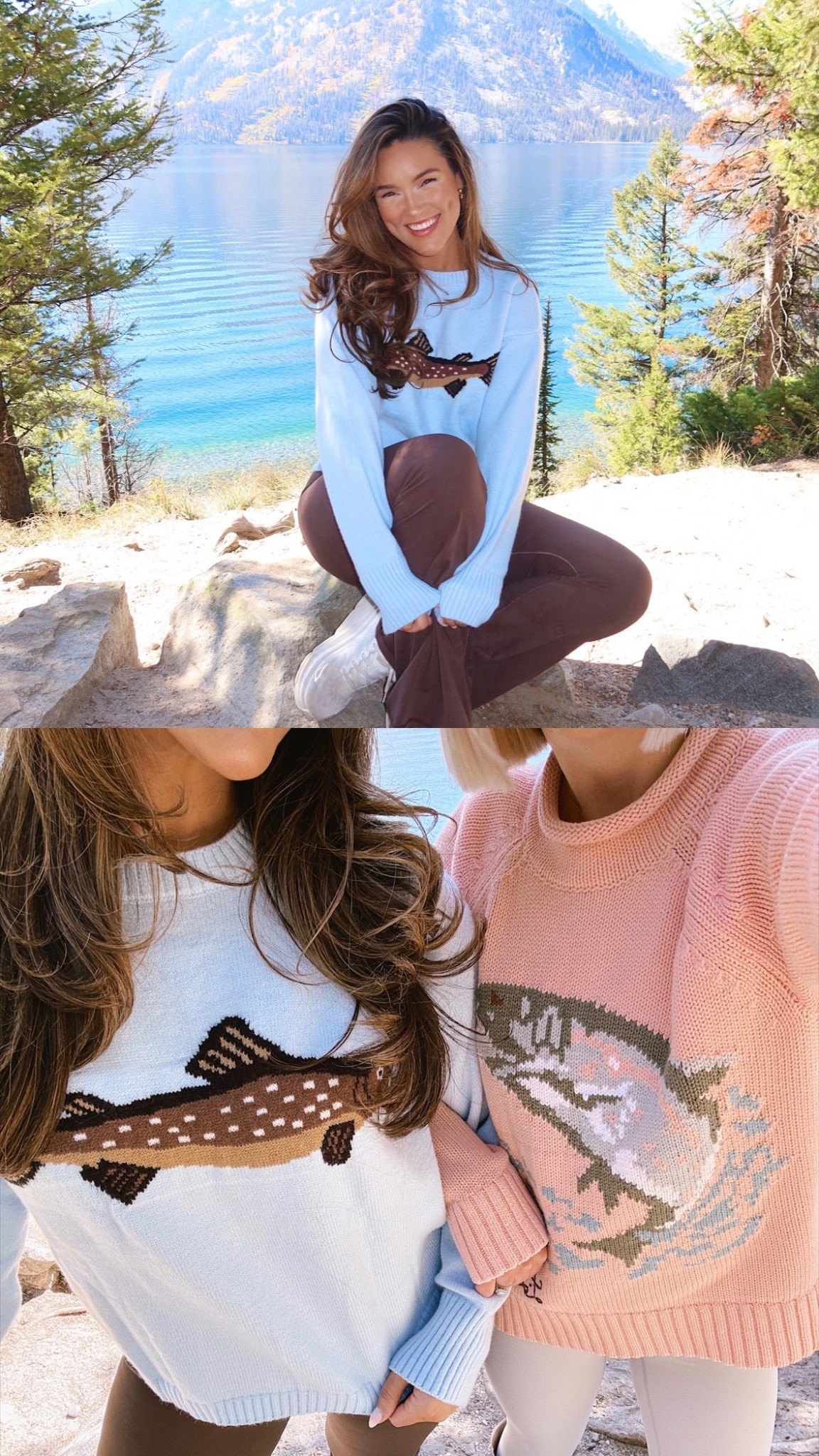 Blue fish sweater and brown flare leggings / blue sweater for lake or beach 