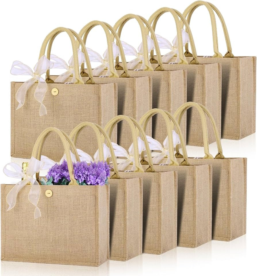 10pcs Burlap Tote Bag Set with Handles, Reusable Grocery Bags with Ribbon 13 x 9.5 x 4.7 Inch Wat... | Amazon (US)