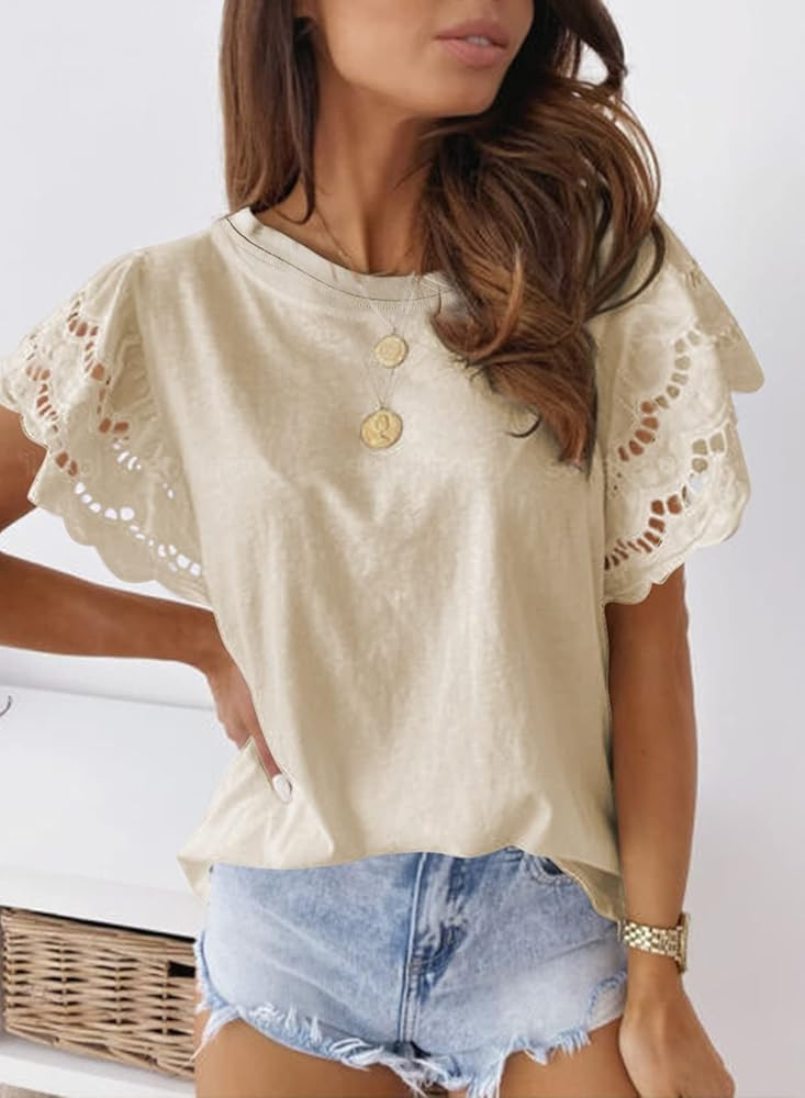 EVALESS Womens Summer Crewneck Lace Crochet Hollow Out Ruffle Short Sleeve T Shirts Casual Solid Flo | Amazon (US)