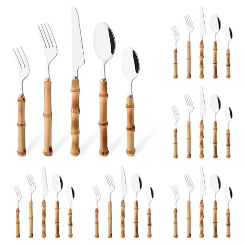 Uniturcky 30PCS Silverware Set for 6, Bamboo Handle Flatware Set, Stainless Steel Cutlery Set for Home Restaurant and Party, Bamboo Forks Spoons and Knives Set, Polished Tableware | Amazon (US)