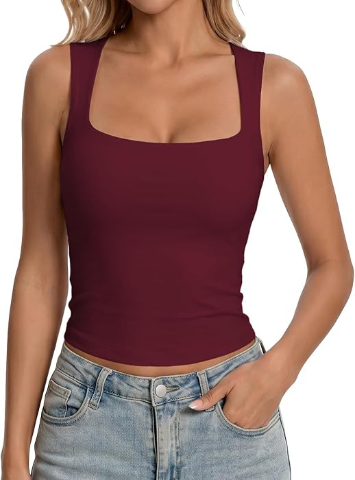LanGui Womens Double Lined Sleeveless Tank Tops - Square Neck Crop Top Soft Basic Camisole Fitted... | Amazon (US)