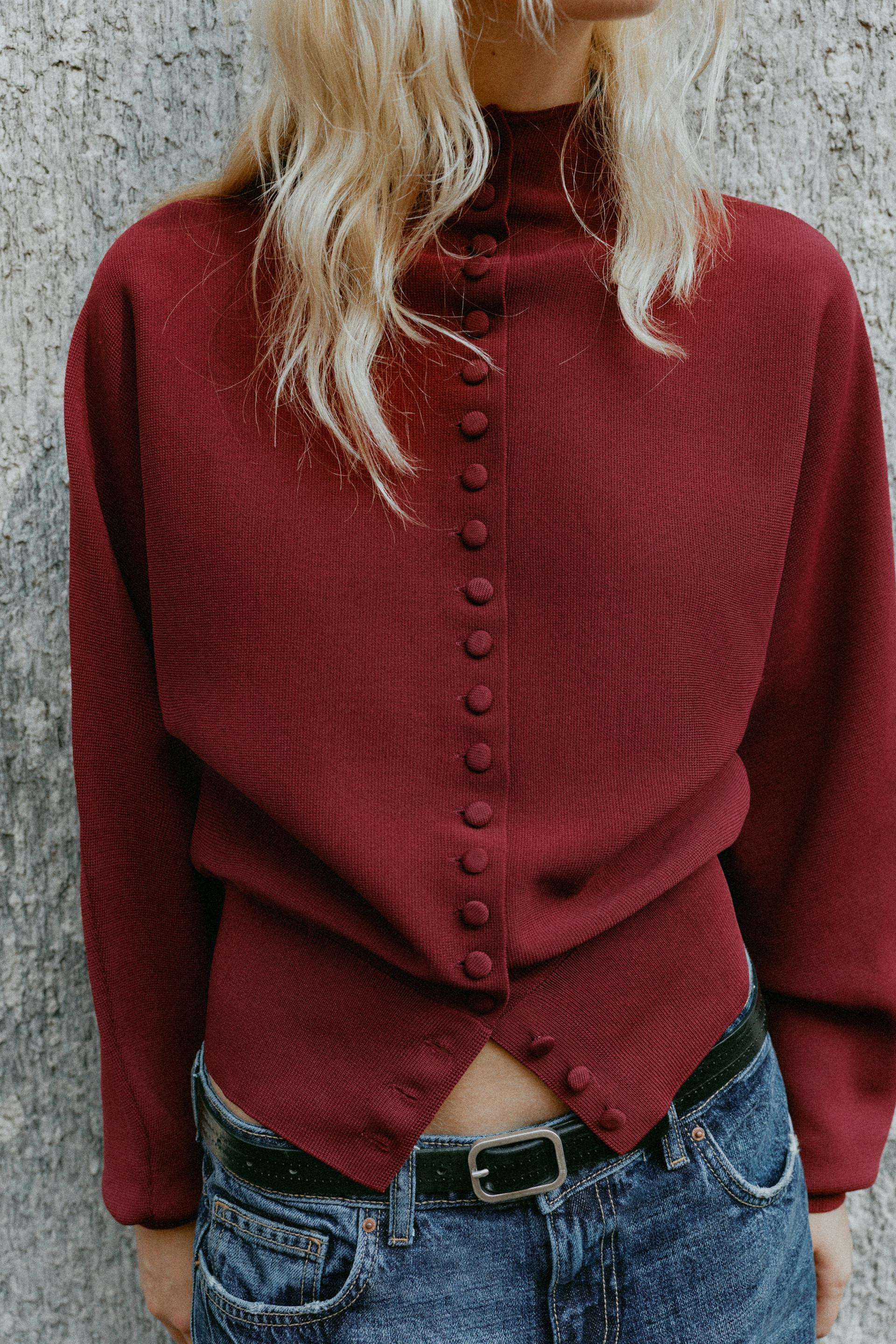 Zara - Covered Button Cardingan - Burgundy - S - Woman | Zara US