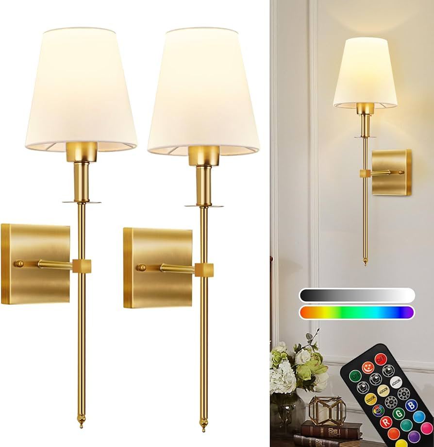 Battery Operated Wall Sconce Set of 2 Rechargeable Wireless Wall Lights with Remote Control 12 Co... | Amazon (US)
