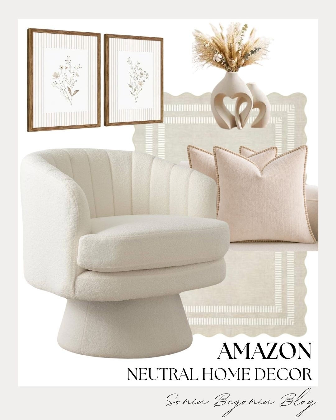 Create a serene oasis with these Amazon neutral home decor finds! 🤍

Featuring a cozy bouclé swivel chair, scalloped rug, warm throw pillows, floral wall art, and modern heart-shaped ceramic vases filled with pampas grass. ✨

#AmazonHome #NeutralDecor #LTKhome #HomeInspo #LivingRoomDecor #LTKshopper

#LTKHome