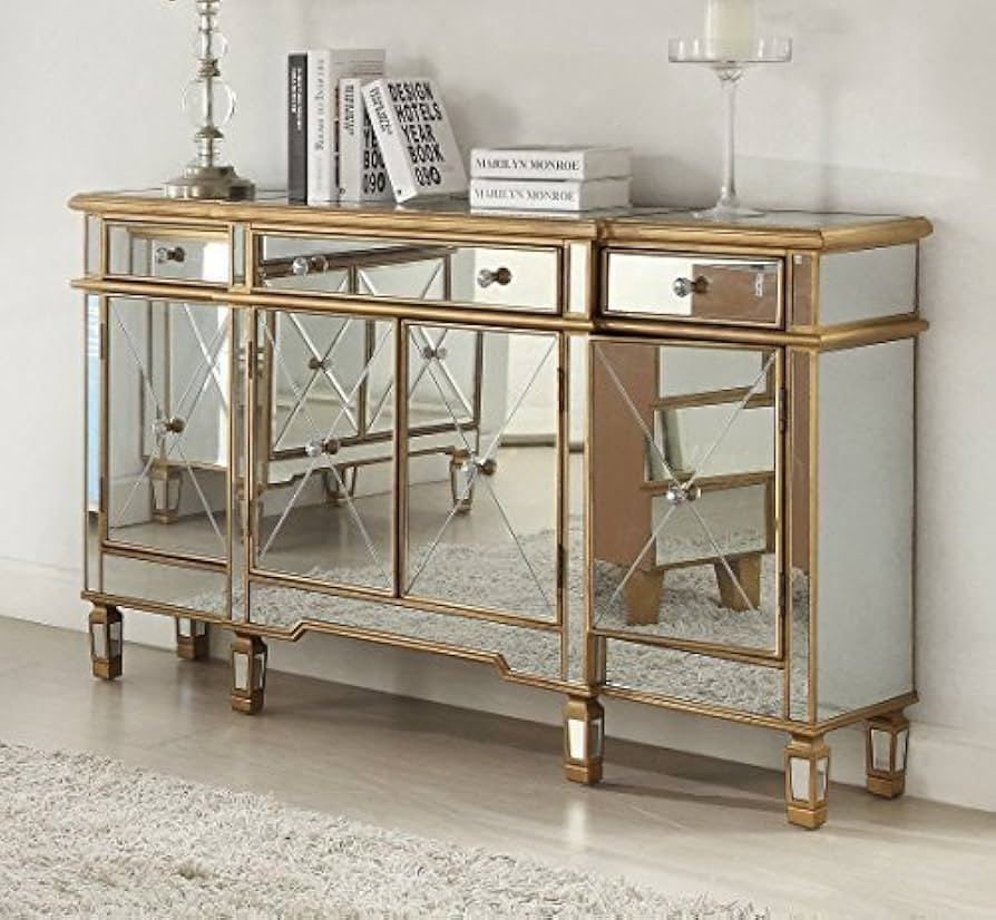60 Inch Gold Wood Frame Mirrored Panels Andrea Storage Sideboard Buffet Cabinet for Living Room | Amazon (US)