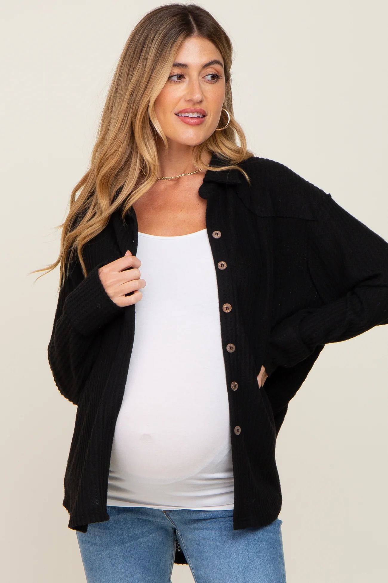Black Waffle Knit Button Down Maternity Top | PinkBlush Maternity