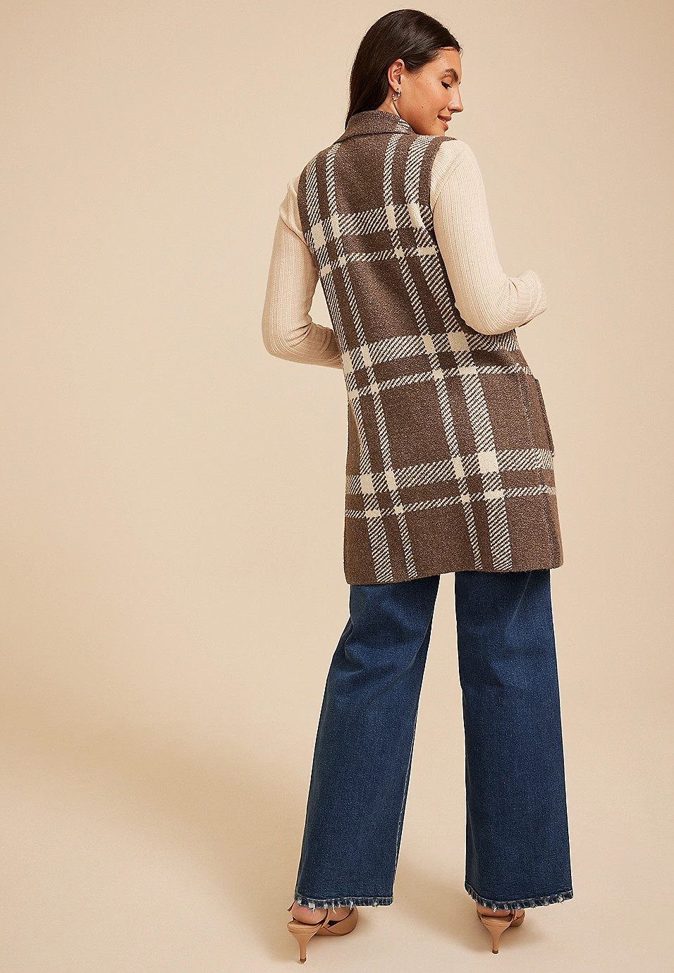 Plaid Duster Length Open Front Vest | Maurices