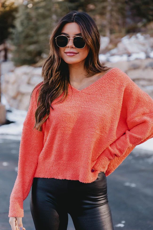 Great News Coral Fuzzy V-neck Sweater FINAL SALE | The Pink Lily Boutique