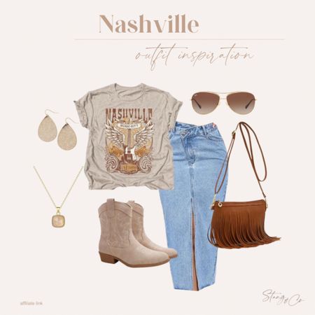 This Nashville outfit inspiration includes a graphic tee paired with a long denim skirt, short cowboy boots, a fringe purse, aviator sunglasses, dangling gold earrings, and a gold pendant necklace. 

Ootd, vacation outfit, country concert, Nashville outfit idea

#LTKfindsunder50 #LTKstyletip #LTKtravel