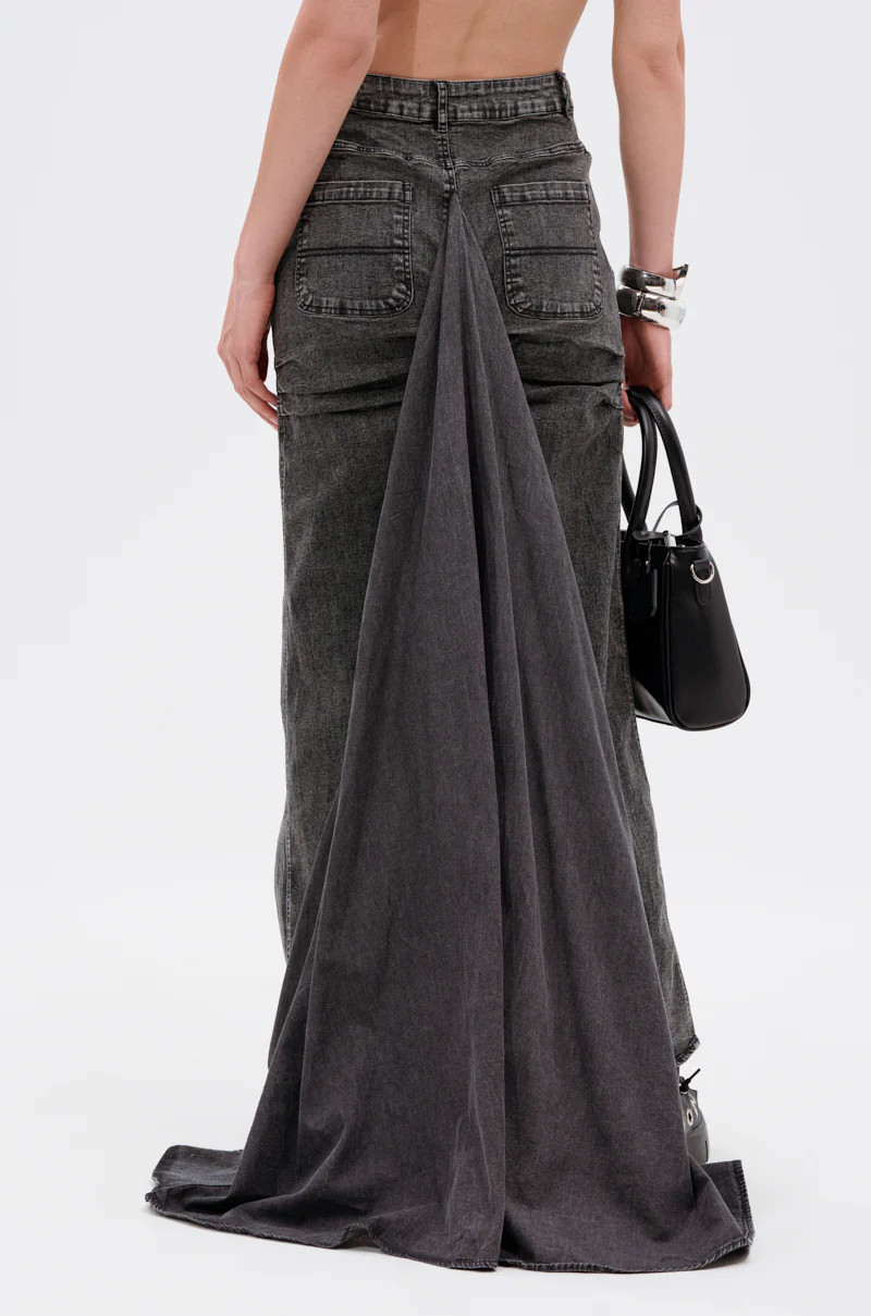 OH THE DRAMA DENIM MAXI SKIRT WITH TRAIN IN GREY | AKIRA