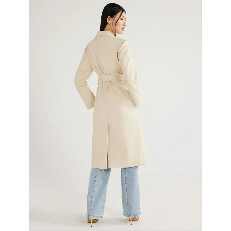 Scoop Women's Faux Leather Trench Coat with Padded Shoulders, Sizes, XS-XXL | Walmart (US)