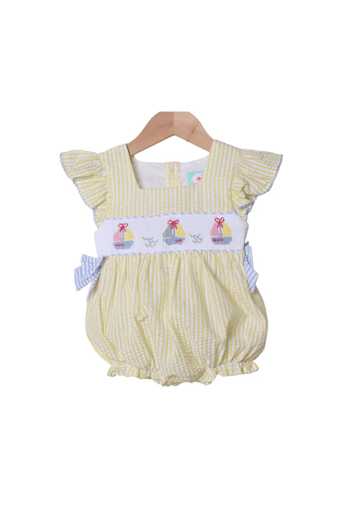 Smocked Sailboat Blue/Yellow Ruffle Bubble | The Smocked Flamingo