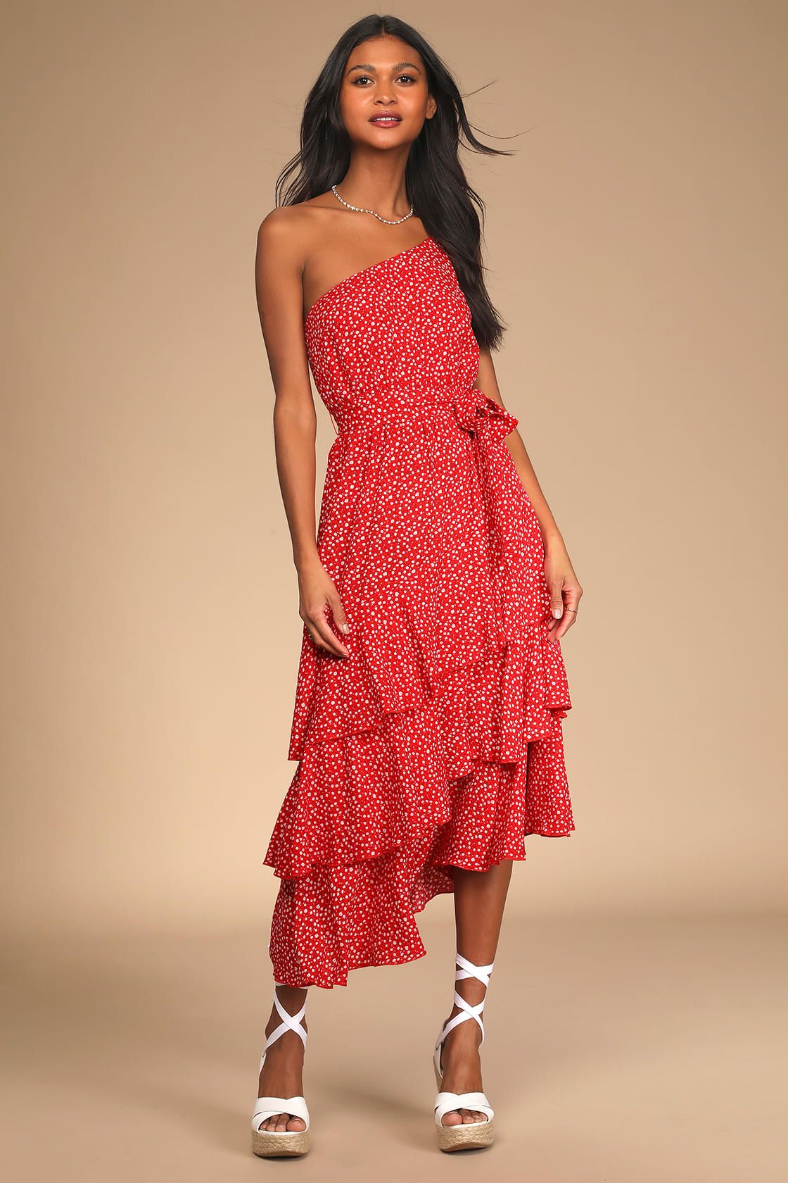 Slice of Sunshine Red Floral Print One-Shoulder Midi Dress | Lulus (US)