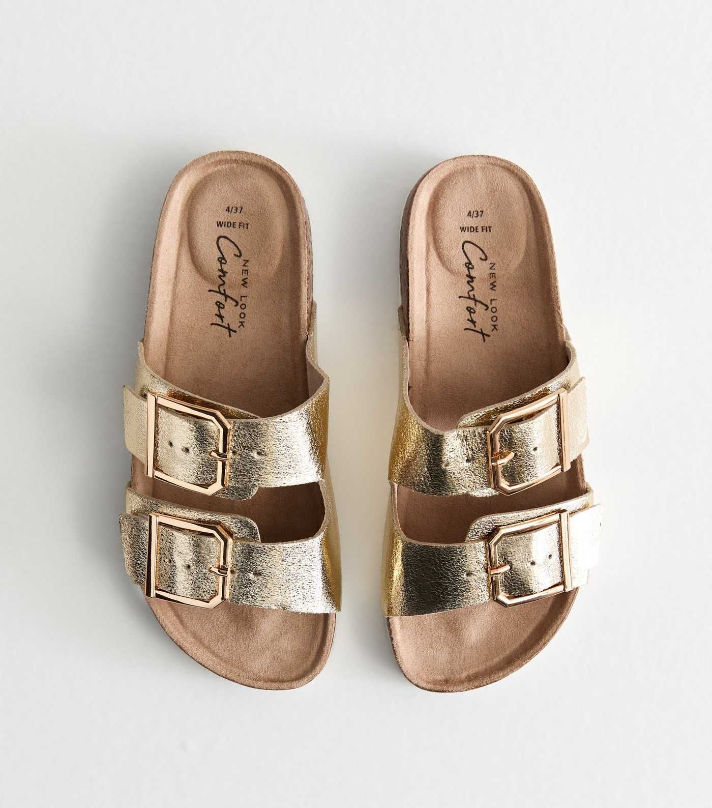 Wide Fit Gold Leather-Look Double Strap Sliders | New Look | New Look (UK)