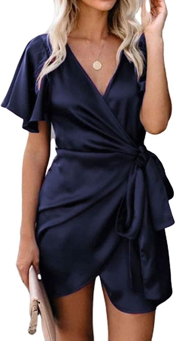Tobrief Women's Sexy Wrap V Neck Short Flutter Sleeve Mini Satin Dress with Belt | Amazon (US)