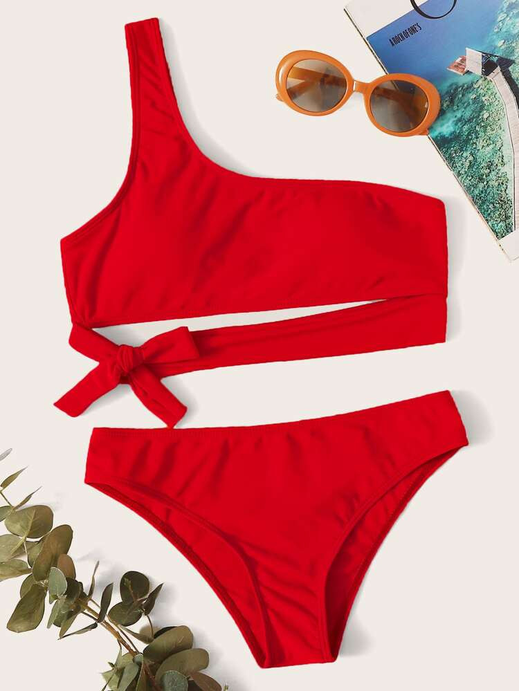 Knot Front One Shoulder Bikini Swimsuit | SHEIN