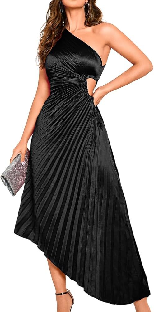 Kaei&Shi Elegant Satin Dress, One Shoulder, Cut Out, Pleated Hem | Amazon (US)