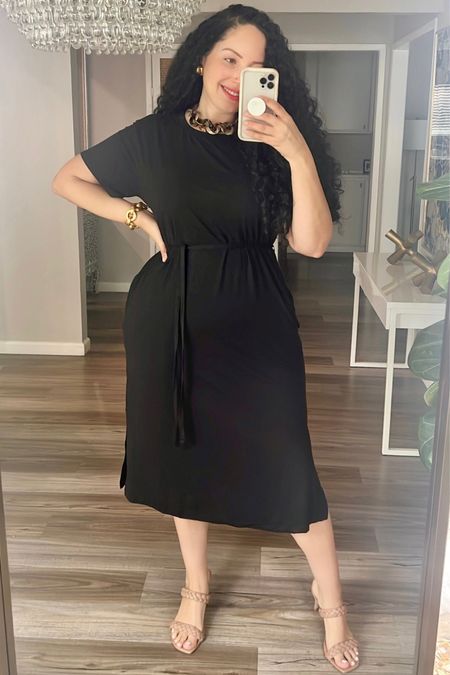 Dressy casual chic everyday outfit found on @walmart! Wearing a size XL in the dress — jersey t-shirt fabric with lots of stretch, runs true to size. #walmartpartner Affordable fashion, budget fashion, curvy, t-shirt dress, dresses, Walmart fashion, spring outfit, date night 

#LTKmidsize #LTKstyletip #LTKover40