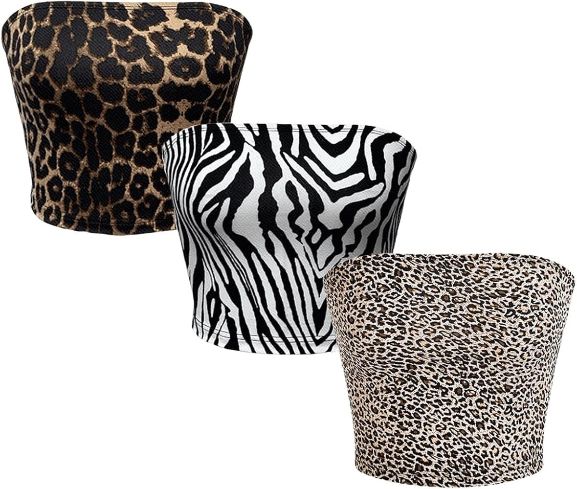 MakeMeChic Women's 3 Pcs Y2k Leopard Print Tube Tops Strapless Cheetah Print Crop Top | Amazon (US)