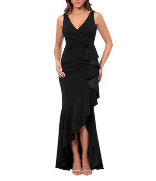 Petite Size Sleeveless V-Neck Spiral Ruffle Cascade Gown | Dillard's