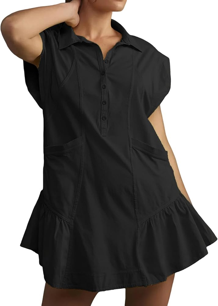 Women's Button Down Shirt Dress Short Sleeve Patchwork Mini Dress with Pockets | Amazon (US)